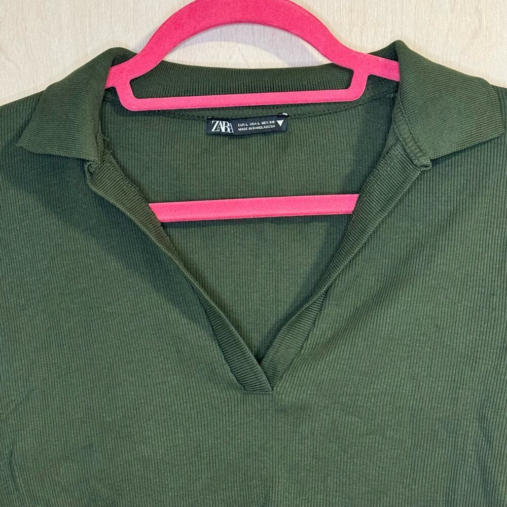 Zara Dark Green Collared Ribbed Crop Top Size L - Picture 3 of 8